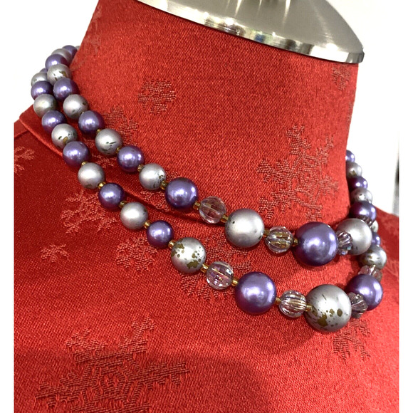 Vintage Mid Century Two Strand Choker Necklace Purple Gray Beaded Signed Japan - Picture 4 of 10